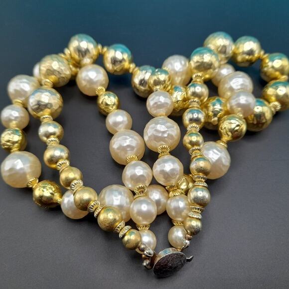 Mid-Century Two Strand Large Bead Necklace, Faux Pearls, Gold Globe Beads, 18 In - Picture 10 of 11